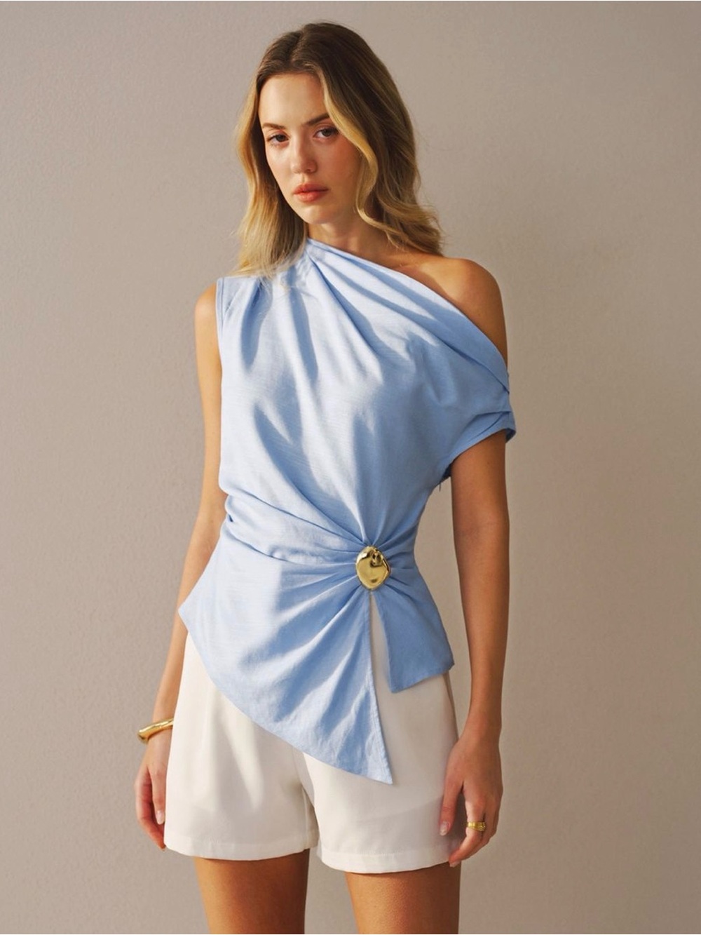 Light Blue One-Shoulder Twist Linen Top with Gold Accent